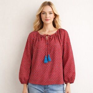 J. Crew AZ103 Red Blue Boho‎ Tassel Tie Peasant Blouse Cotton Womens Size Medium